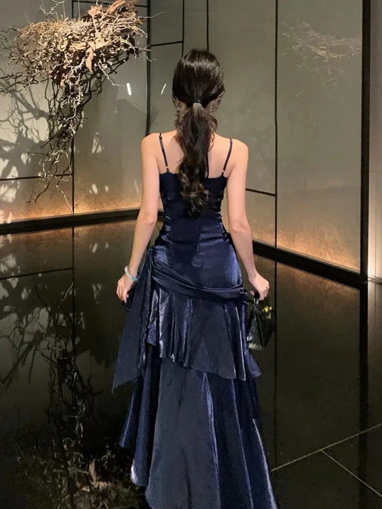 Hnewly Women Blue Elegant Sexy  Long Dresses French  Pleated Slip Sleeveless Prom Vestidos Birthday Evening Party Dress