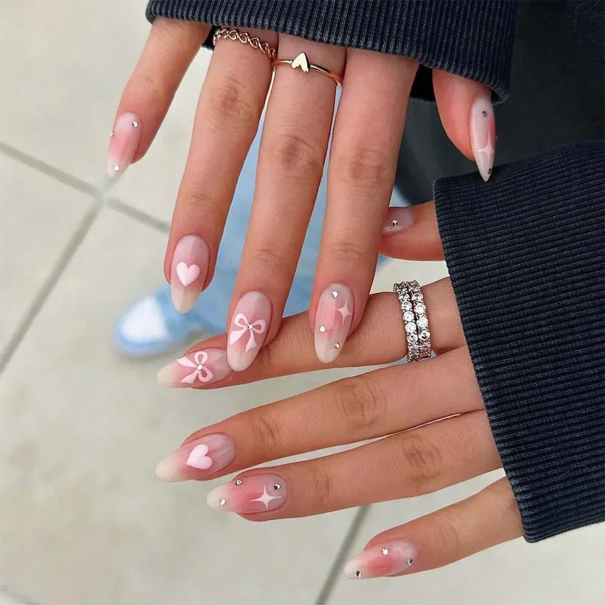 Hnewly 24Pcs Pink Almond French Press on Nails With 3D Bow ripple charms Design Fake Nails Ballerina False Nails Full Cover Nail Tips