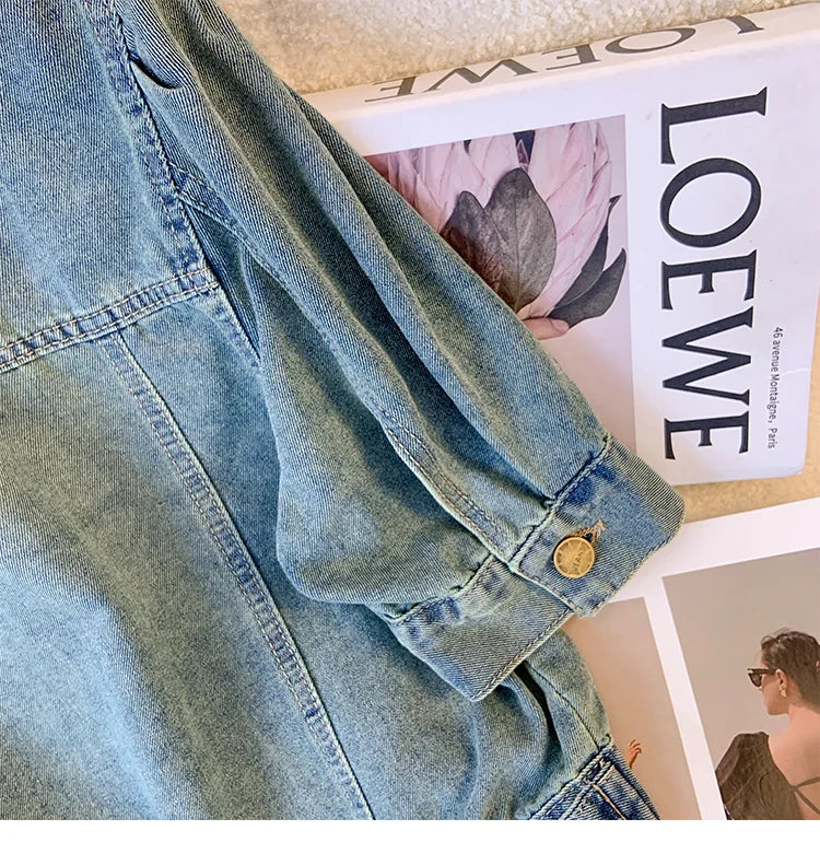 Hnewly  Sweet Nail Bead Short Sleeved Denim Jacket Women Summer Thin Style 2025 New Casual Single Breasted Shirt  Turndown Collar Top