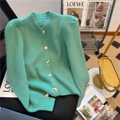 Hnewly  Elegant Metal Button Sweater Solid Long Sleeve Korean  O-Neck Puff Sleeve Knit Cardigan Coat Women Spring  Autumn Loose Top
