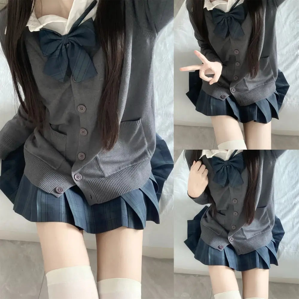 Hnewly 3Pc Set Japanese Korean School Uniforms Multicolor Sweater&Plaid Pleat Skirt with Bow Jk Uniform Suit Graduation Costumes Women
