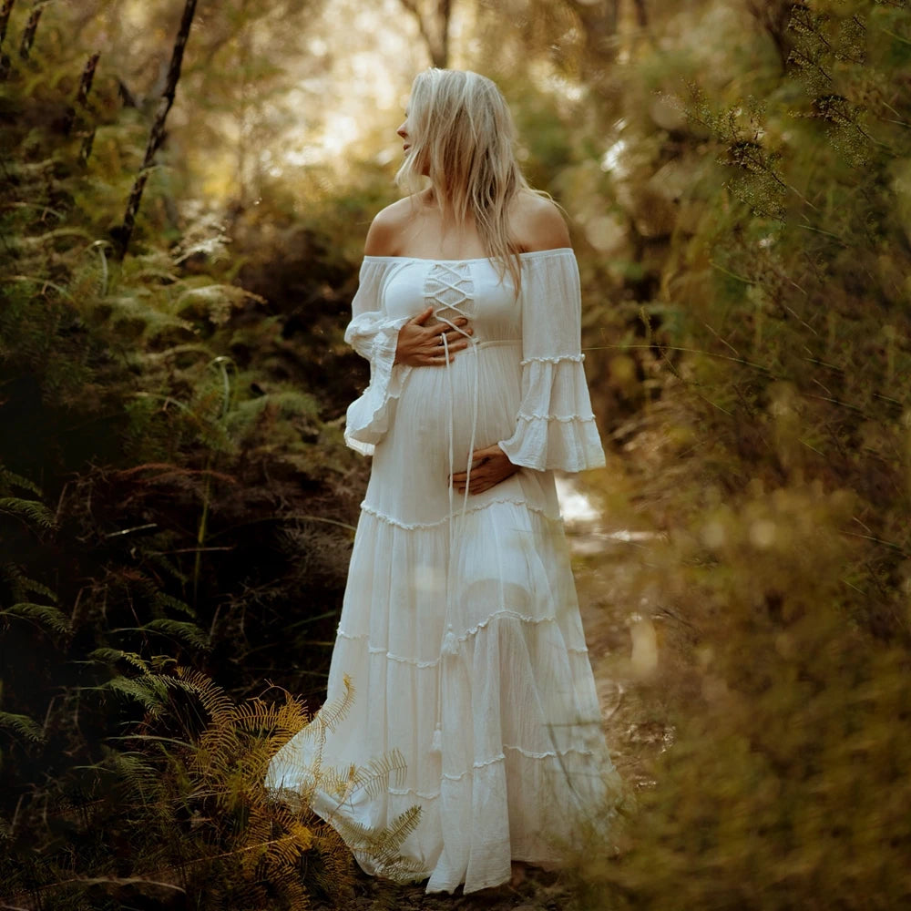 Hnewly  Boho Maternity Photography Dresses Off Shoulder Linen Cotton Pregnancy Gown Lace Up Tassel Ruffle Pregnant Women Maxi