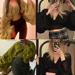 Hnewly Women Sexy Chiffon Short Blouse Female See Through Super Long Sleeve Blusas Purple/Green/Black/White Folds Party Tops New