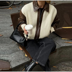 Hnewly  Fashion Knit Patchwork Leather Jacket Women Lapel Full Sleeve Zipper Pockets Contrast Coats Autumn Winter Lady Street Coat