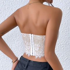 Hnewly Sexy Lace Sleeveless Bare Shoulder Crop Top,Embroidery Floral Tube Top, Strapless Fishbone Corset Backless Camisole Vest