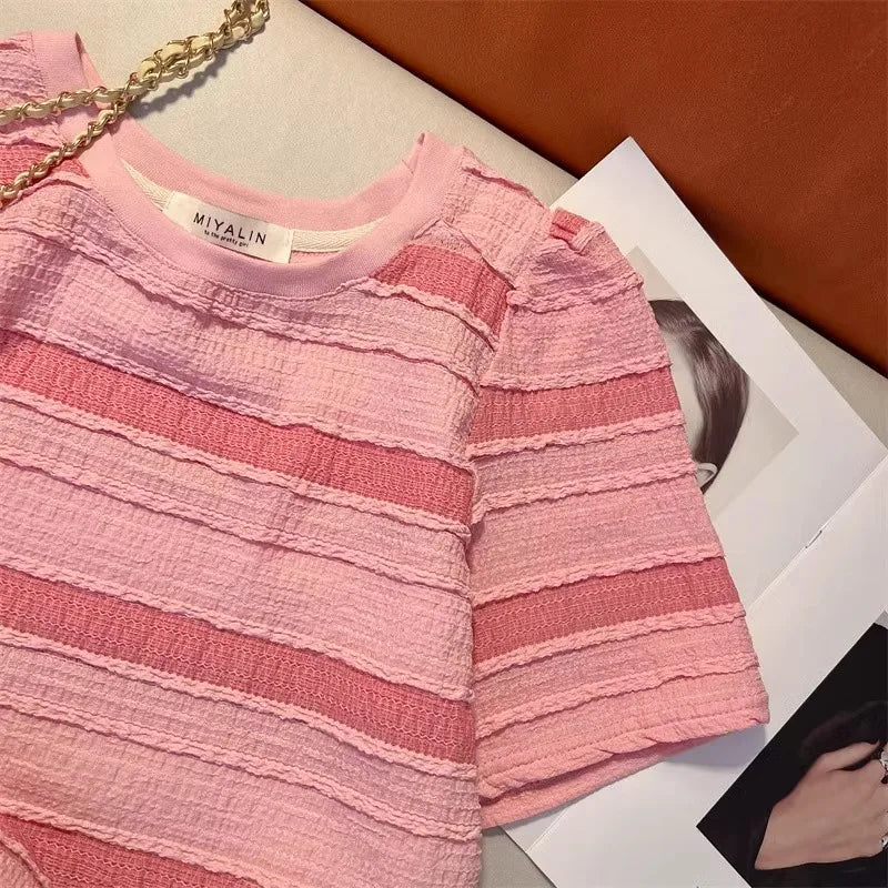 Hnewly  Pink Striped T-shirt Women's Sweet Dopamine  Korean Style Short Top Classic Round Neck Versatile Short Sleeved Tee