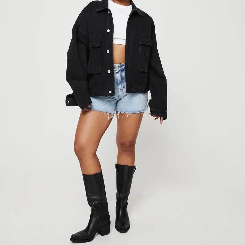 Hnewly Denim Jacket Women y2k Clothes Solid Color Turn-down Collar Single Breasted Long Sleeve Jeans Coat 2000s Streetwear
