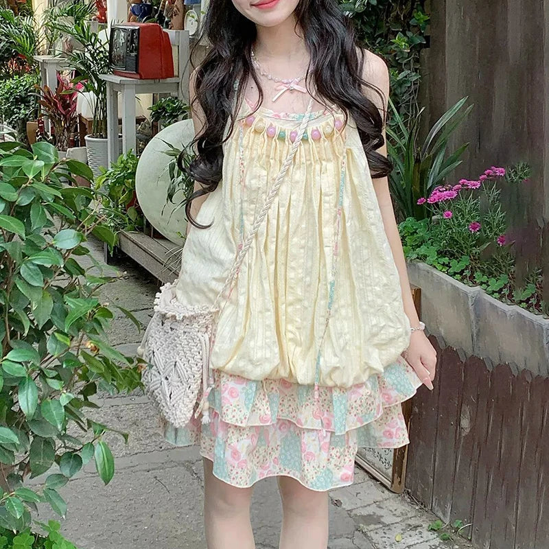Hnewly Dress for Women Patchwork Chic Casual Pleated Dresses Spring Summer 2025 New Fashion Female Spaghetti Strap Sweet Dress
