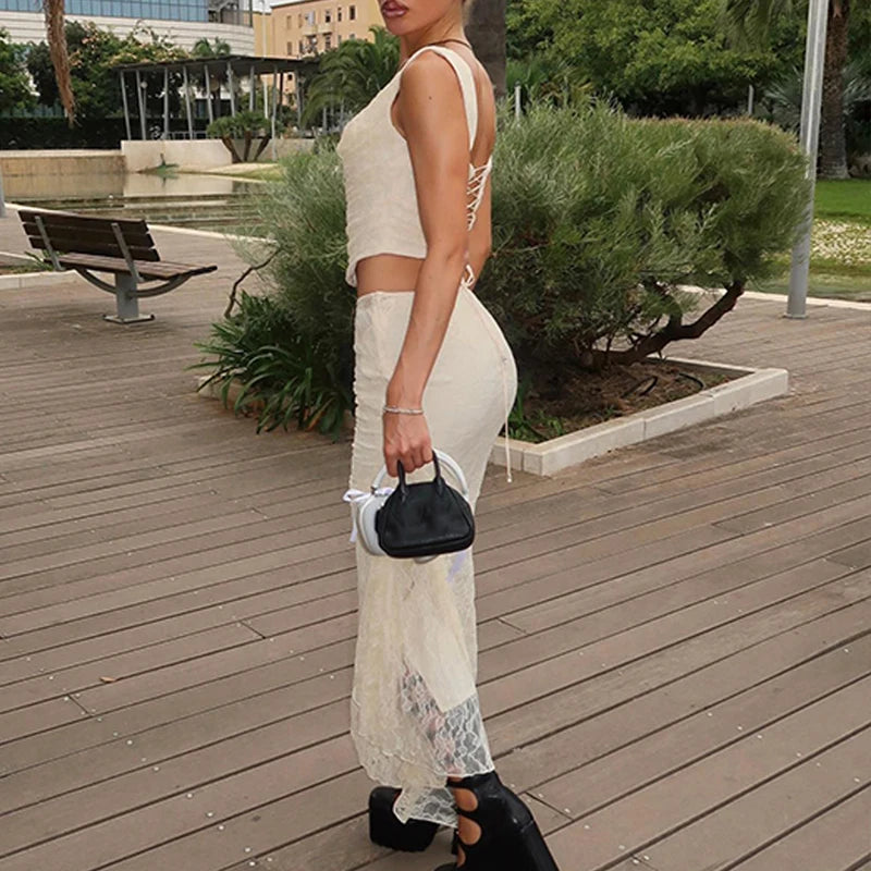 Hnewly Elegant Square-neck Bandage Backless Tank Top With Y2K Lace Texture Mesh See-through Party Long Skirt Club Gentle Set