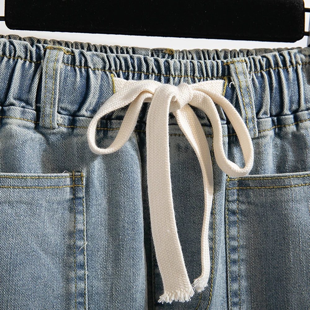 Hnewly XL-5XL Oversize Jeans Women's High Waisted Drawstring Wide Leg Denim Pants 2025 New Spring Autumn Loose Straight Leg Mop Pants