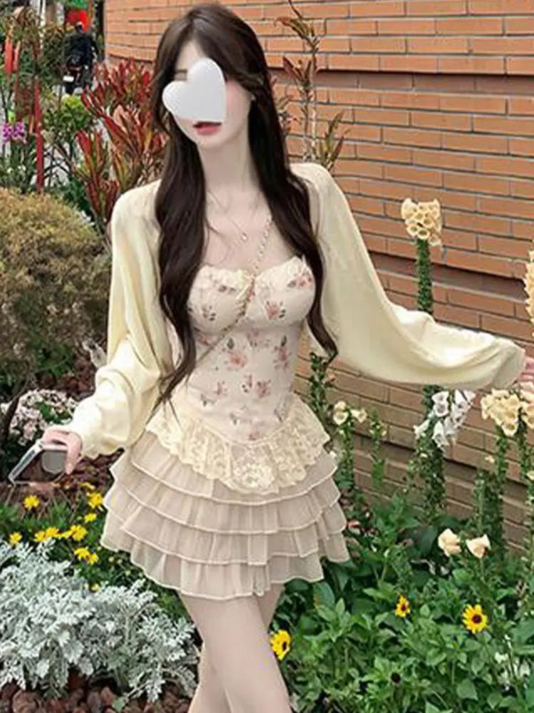 Hnewly Summer New 3 Piece Skirt Set Knitted Sun Elegant Cardigan Women's Floral Lace Camisole Short Ruffle Cake Skirt Y2k Korean