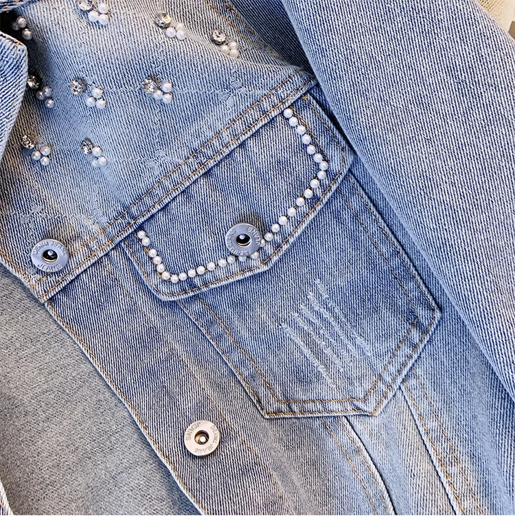 Hnewly  Women Denim Jacket Spring Autumn 2025 New Popular Sweet Luxury Beaded Short Top Loose Long Sleeve Lapel Single Breasted  Coat