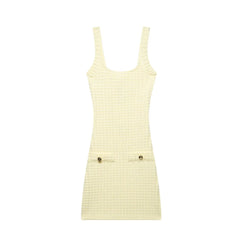 Hnewly  Butter Yellow Elasticity Knitted Mini Dress Women Elegant Splicing Sleeveless Backless Gowns Lady High Street Vestidos