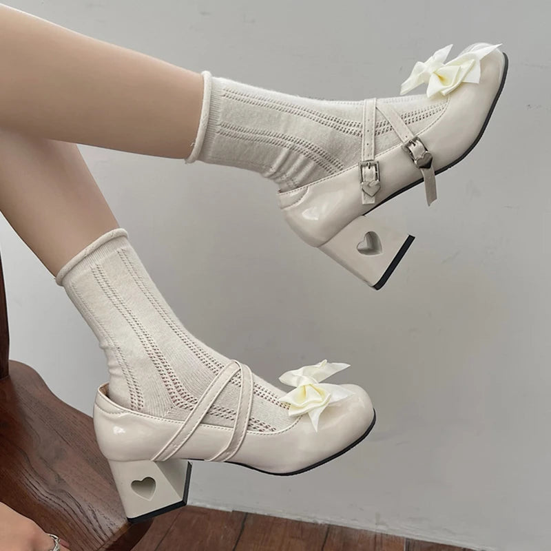 Hnewly Pink Mary Jane Lolita Shoes Women Autumn Y2K Patent Leather Low Heels Pumps Woman Silk Bowtie Ankle Straps Party Shoes