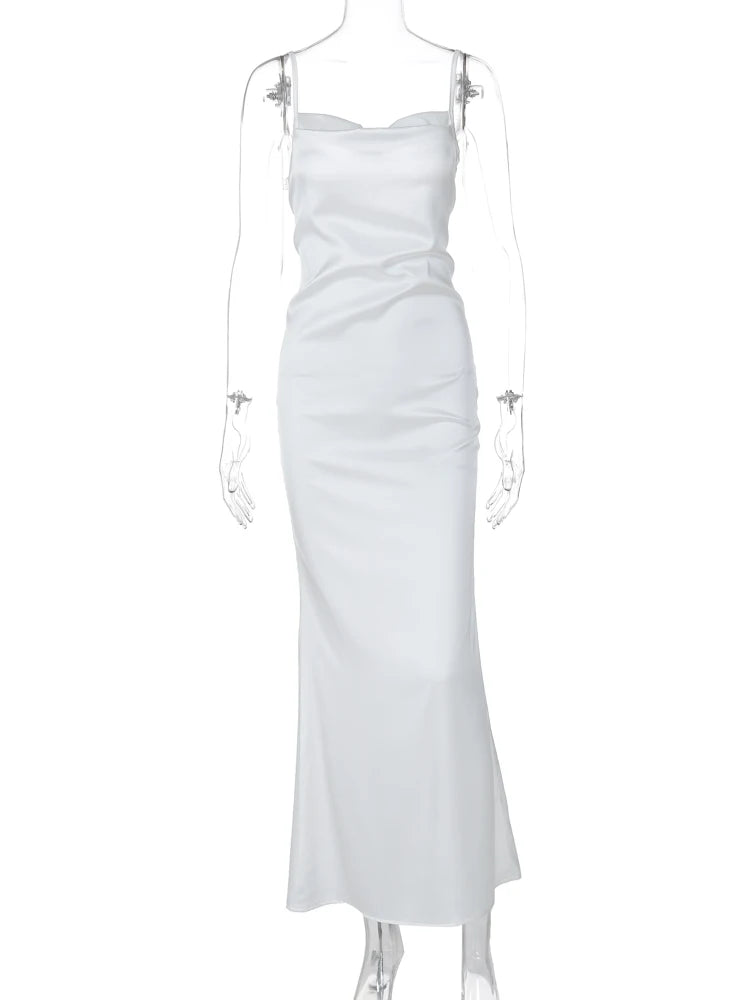 Hnewly Elegant Satin Slips Backless Solid Bandage Sexy Bodycon Maxi Dress Summer Women Clothes Evening Party Birthday Vacation