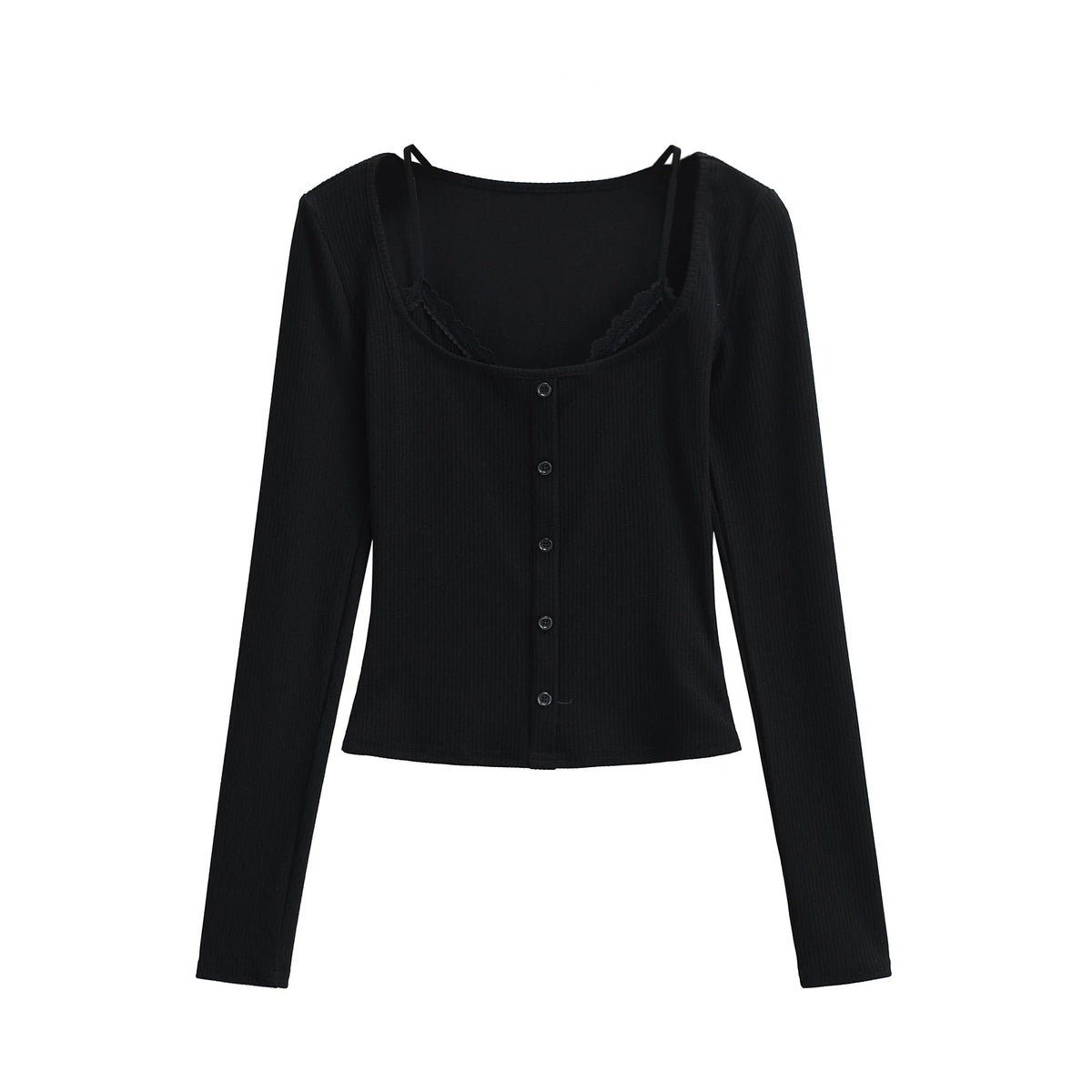 Hnewly  Sexy long sleeve top black korean fashion halter top cropped fake 2 pieces Summer lace top women t shirts crop top white