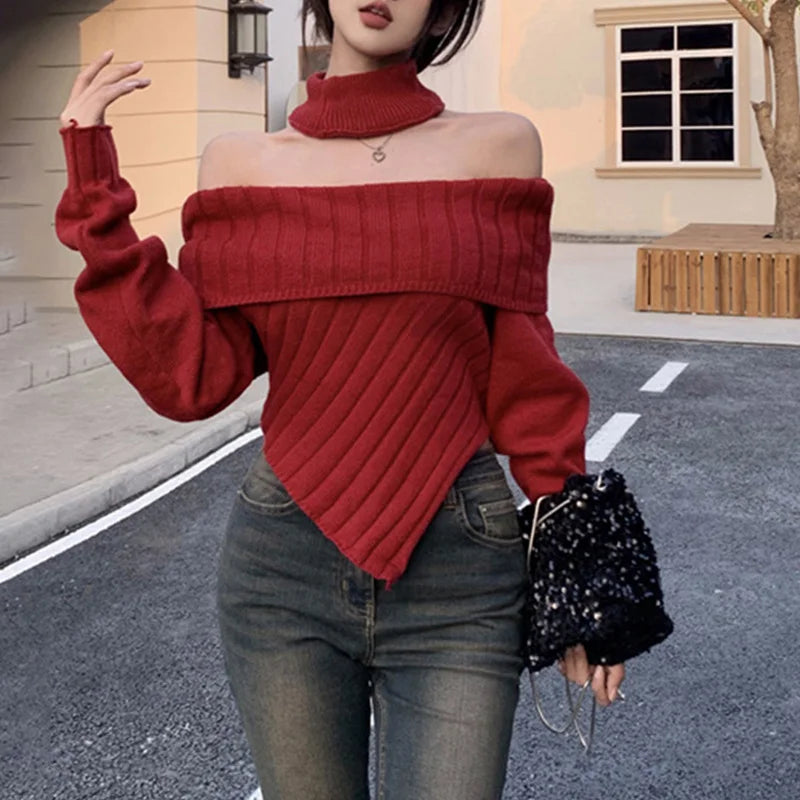 Hnewly Sweater y2k Clothes Women Coquette Off Shoulder Long Sleeve Irregular Hem Knitted Halter Tops 2000s Clothing Streetwear