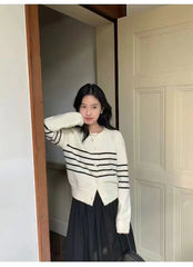 Hnewly  Striped Cardigan Sweater Women Long Sleeve O-neck Button-down Striped Knit Jacket Cardi Teen-girl Fall Winter Casual Outfit
