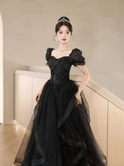 Hnewly New Graduation High School Dress French High end Black Long Evening Dresses for Women Bubble Sleeve Bridesmaid Wedding Dress
