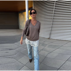 Hnewly  Casual Knitted Lace Patchwork Sweater Women Loose V-neck Full Sleeve Female Pullover Spring Lady Cozy All-match Knitwear