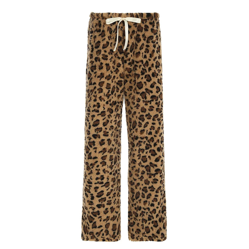 Hnewly Leopard Velvet Women Loose Long Pants Bow Y2k Retro Fashion Chic Warm Autumn New Trousers Design Street Style