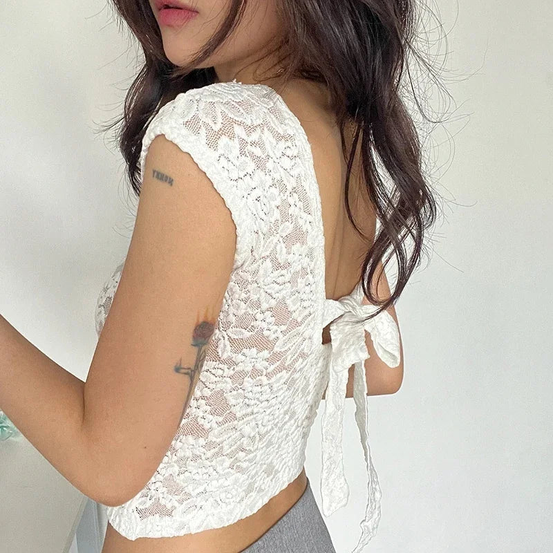 Hnewly Y2K Lace Patchwork Women T Shirt French Sexy Backless Lace-Up Short Sleeve White Crop Tops Female Summer Slim Bottoming Tees