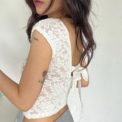 Hnewly Y2K Lace Patchwork Women T Shirt French Sexy Backless Lace-Up Short Sleeve White Crop Tops Female Summer Slim Bottoming Tees