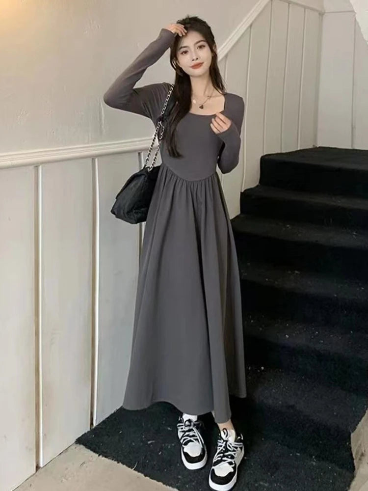 Hnewly Korean Style Dresses Women Ins Temperament Fashion Simple Midi Preppy Schoolgirls All-match Vestidos De Mujer Sexy Autumn