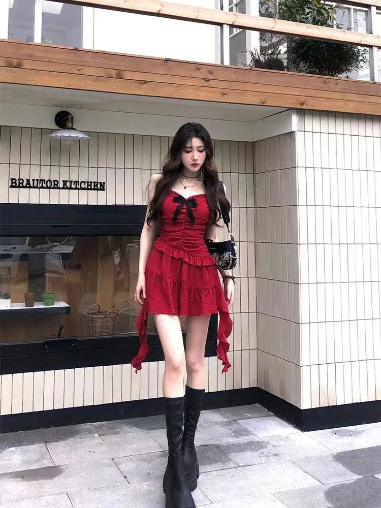 Hnewly  Sweet Ruffles Slim Waist Camisole Dress for Women+ Y2k Thin Long Sleeve Cardigan Coat Two Piece Sets 2025 Summer New