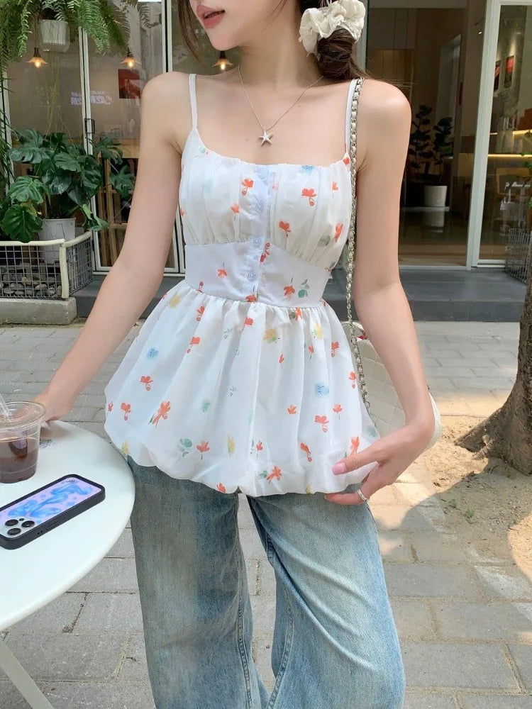 Hnewly  Woman Camis Floral Printed Slash Neck Summer Fashion Slim Sweet Elegant Female Casual Tank Tops French Style Chic