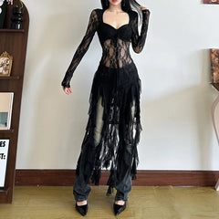 Hnewly  Sexy See Through Mesh White Tops Mujer Square Collar Patchwork T-shirts Forwomen 2025 Summer New Long Sleeve Tee Shirt