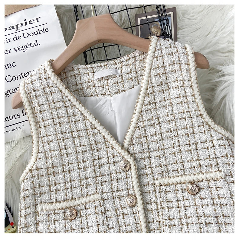 Hnewly  Women New Autumn Tweed Elegant Vintag Vest V-neck Sleeveless Slim Pockets Waistcoat Ladies Fashion Womens Short Small Vest