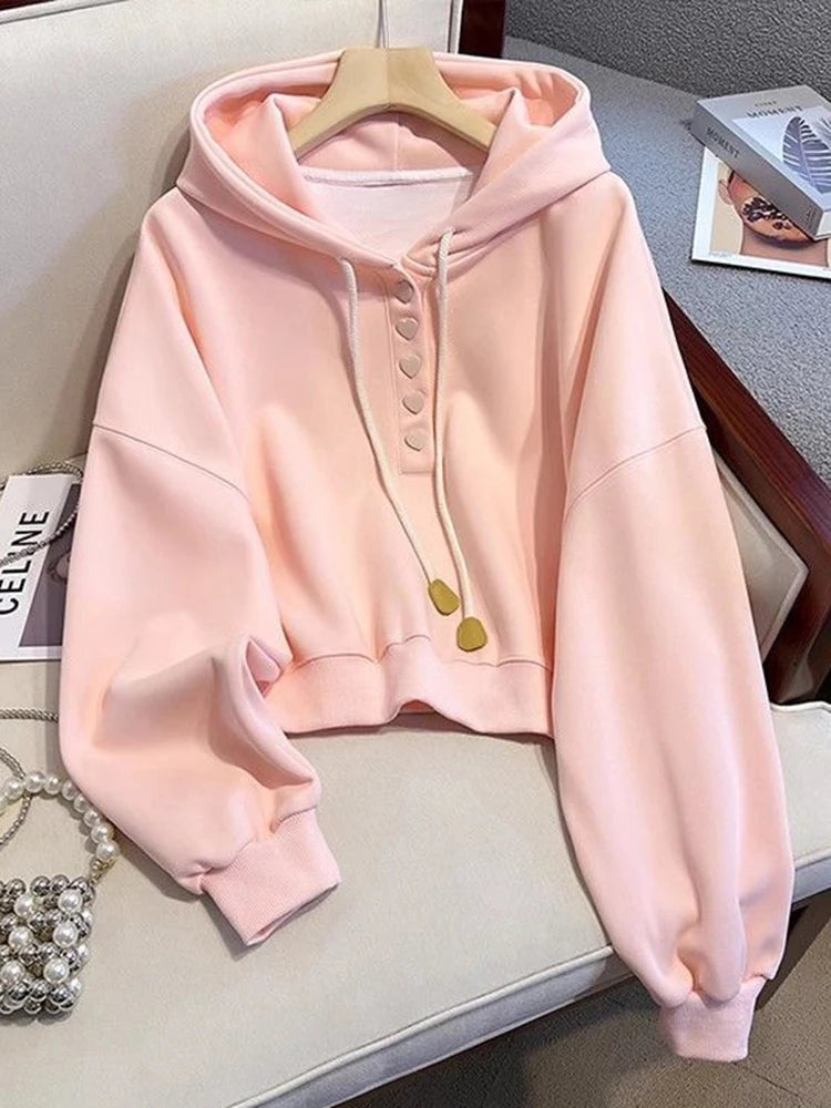 Hnewly Chic Sweet Women Hoodies Long Sleeve Korean Simple Solid Fashion Sweatshirt Fall New Love Buttons Lace Up Cute Short Tops