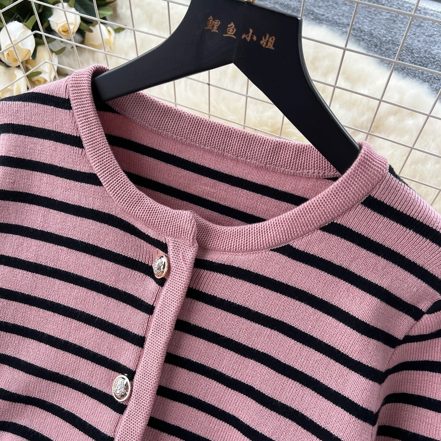 Hnewly  Elegant Knitted Set for Women's High End Versatile Round Neck Striped Knitted Cardigan+High Waist Casual Wide Leg Pants 2PCS