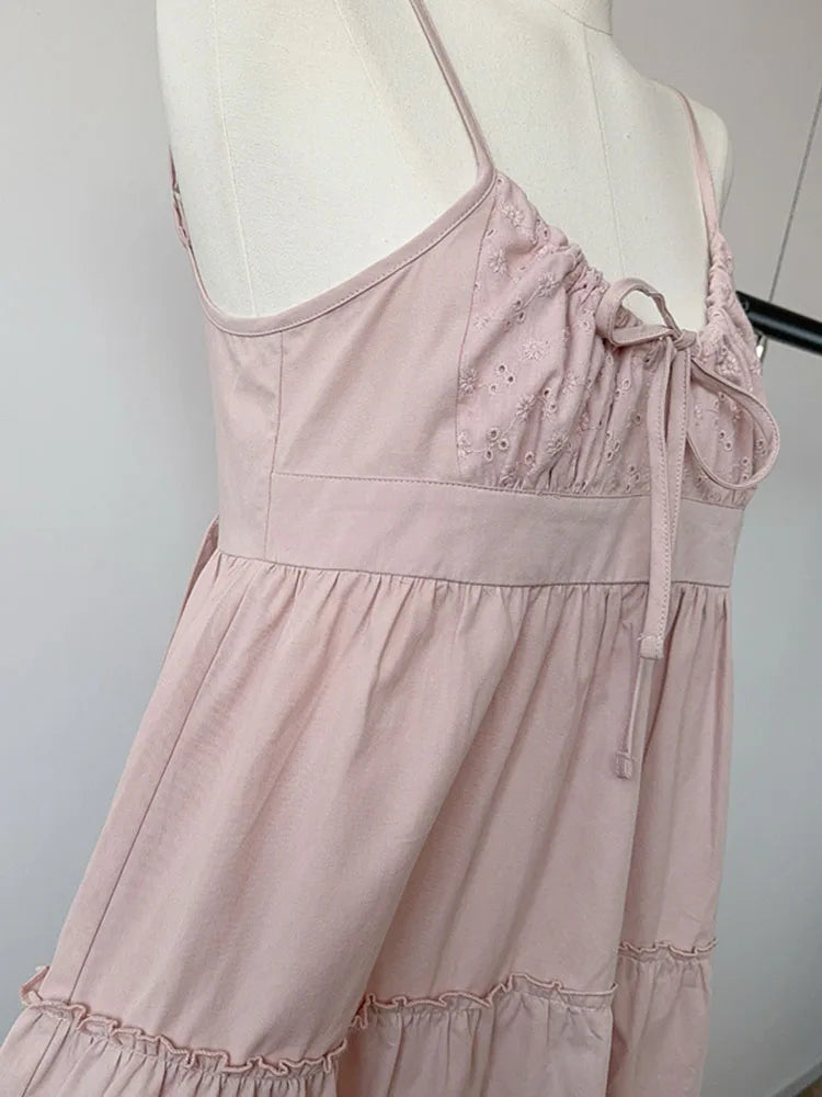 Hnewly New Design Print Pink Spaghetti Strap Dress All-Match Elegant Temperament Sexy Prom Gown Sweet Bow A-Line Dress Cozy Streetwear