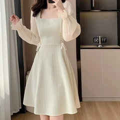 Hnewly  A-line Women Dressse Chiffon Sleeves Spring Autumn Solid Elegant Mini Dress Bandage Korean Fashion Vestidos Mujer