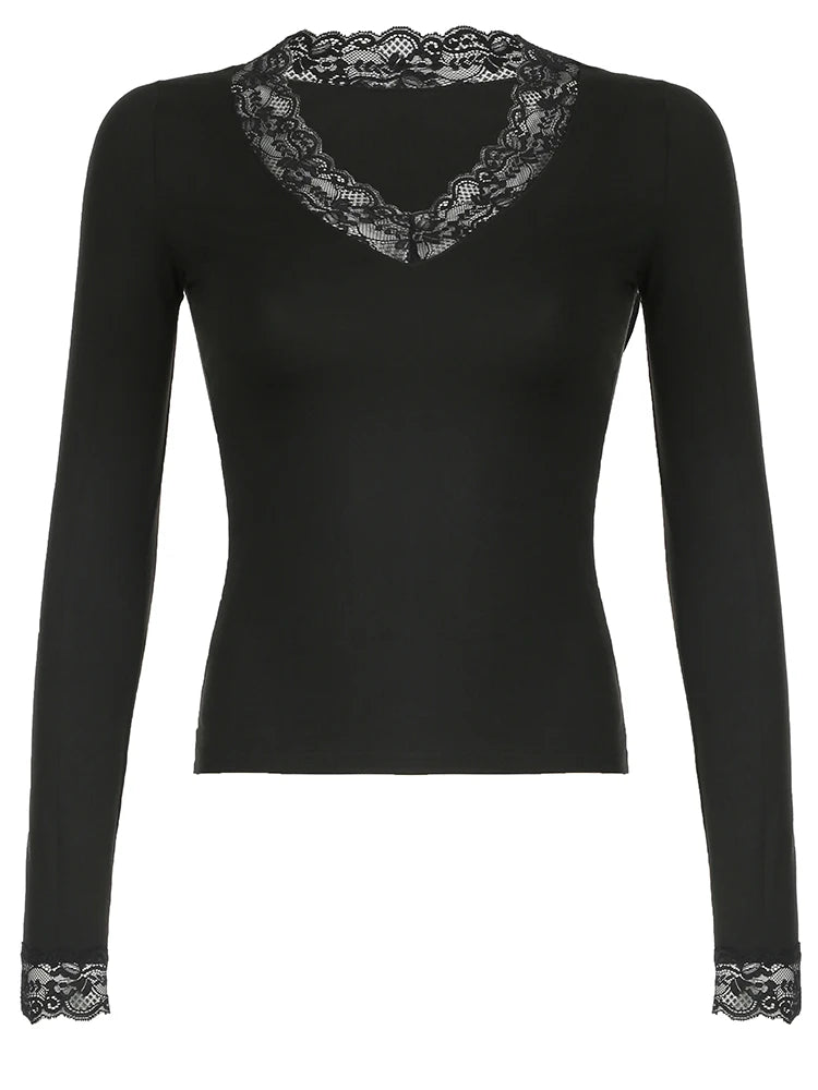Hnewly 2025 spring fashion trend Lace Patchwork Solid Slim Tee Shirts Long Sleeves V-neck Aesthetic Fashion Clothes Vintage Streetwear Black Tops