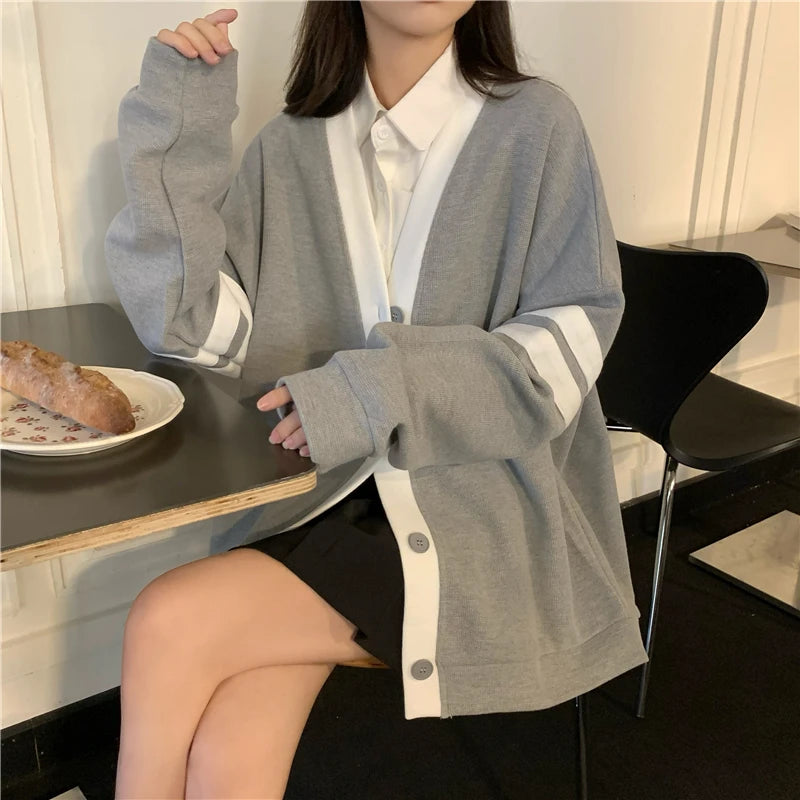 Hnewly  Varsity Cardigan Sweater for Women Long Sleeve V-Neck Button-up Knit Slouchy Cardi Korean School-girl Preppy Fall Winter Outfit