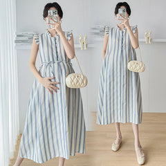 Hnewly  Pregnant Women's Dress Summer Drawstring O-neck Short Sleeved Printing Maternity Beach Dresses for Holiday