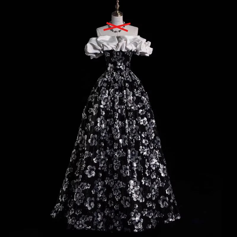 Hnewly  Off-Shoulder Strapless Slim High-Waisted Black Long Evening Dress Graduation Coming-of-Age Ceremony Birthday Host Banquet Dress