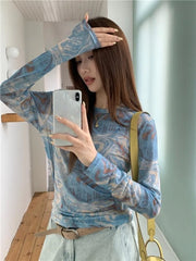 Hnewly  Vintage Tie Dye Printed O-neck Slim Fit Tee Shirt Y2k Thin Mesh Long Sleeved T-shirts Summer New Chic Top for Women