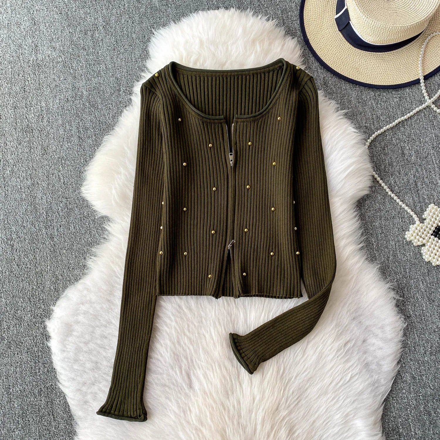 Hnewly  Beading Knitted Striped Zippered Sweater Cardigan Women's Spring Autumn O-Neck Top New Loose Harajuku Long Sleeved Outwear