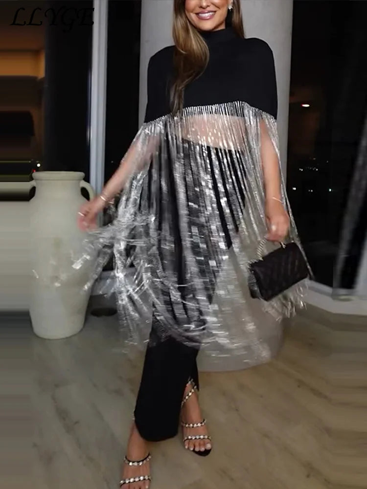 Hnewly  Fashion Tassel Patchwork Cropped Shirts Women Half High Collar Zipper Short Sleeve Blouses Spring Lady Shiny Party Tops