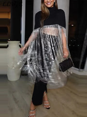 Hnewly  Fashion Tassel Patchwork Cropped Shirts Women Half High Collar Zipper Short Sleeve Blouses Spring Lady Shiny Party Tops