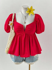 Hnewly  Plus Size Women's Pleated Deep V-Neck Red Casual Elegant Short-Sleeved Top Solid Colour Girlish Casual Casual Resort Wear