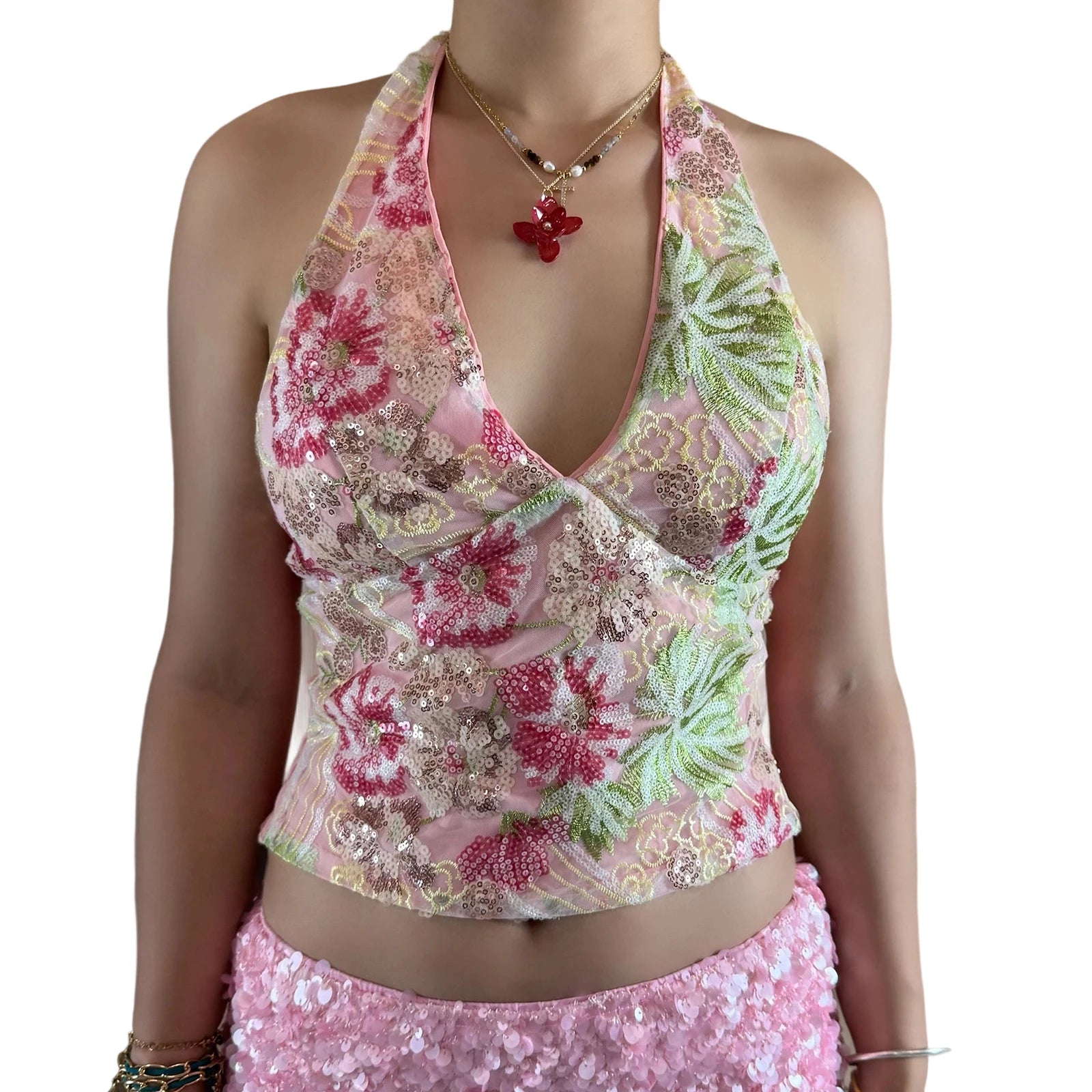 Hnewly Sequin Halter Tops y2k Women Clothes Floral Sleeveless V Neck Open Back Smocked T Shirts Vest 2000s Clothing Streetwear