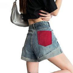 Hnewly  Summer Contrast Color Pocket Women's High Waist Denim Shorts 2025 Korean Style Youthful Tassel Ripped Female Short Jeans Pants