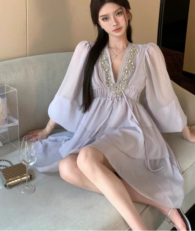 Hnewly Beaded Multi Ruffles Mini Dress Elastic High Waist Puff Lantern Sleeves Chiffon Dresses Celebrity Style Vestidos Women
