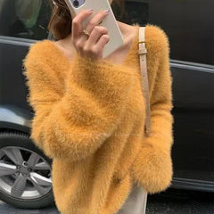 Hnewly  Fuzzy Mohair Knit Sweater Pullover Women Cozy Long Sleeve V-Neck Plain Jumper Soft Knitwear Teen-girl Fall Winter Casual Outfit