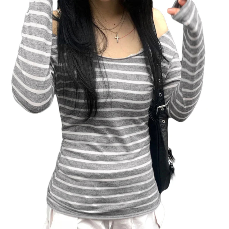 Hnewly Grunge Top y2k Clothes Women Cybercore Striped Off Shoulder Long Sleeve T Shirt 2000s Gothic Clothing Fall Streetwear